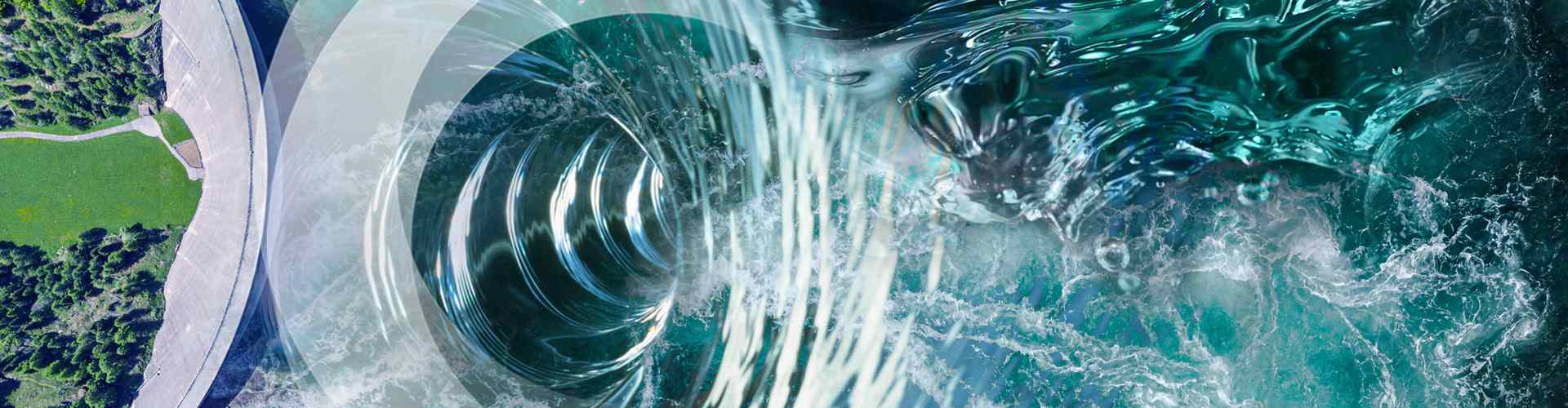 Collage of the green trees and fields, oceans and water tunnel.